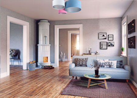 Niebiesko-różowo-biała plafoniada, lampa sufitowa z abażurami w kształcie walca ze srebrnym wnętrzem ULBACH