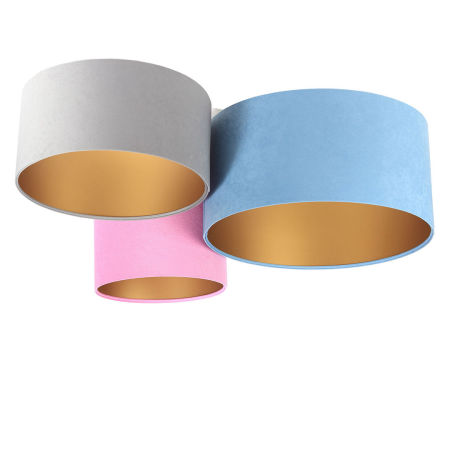 Niebiesko-różowo-szara lampa sufitowa, plafoniada z abażurami z weluru w kształcie walca ze złotym wnętrzem NEIL