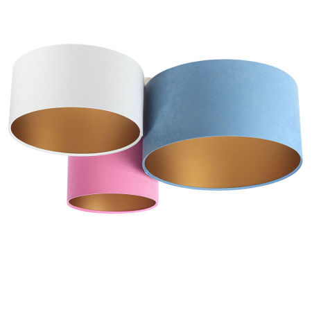 Niebiesko-różowo-biała lampa sufitowa, plafon z kloszami z weluru w kształcie walca ze złotym wnętrzem RONAN