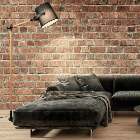 Skandynawska lampa stojąca, drewniana stylizacja, czarny abażur LAPIDUS