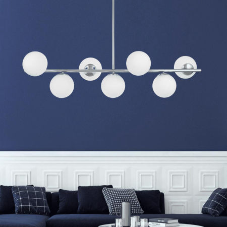 Designerska, pozioma lampa wisząca FREDICA W7, chromowana z białymi, okrągłymi kloszami