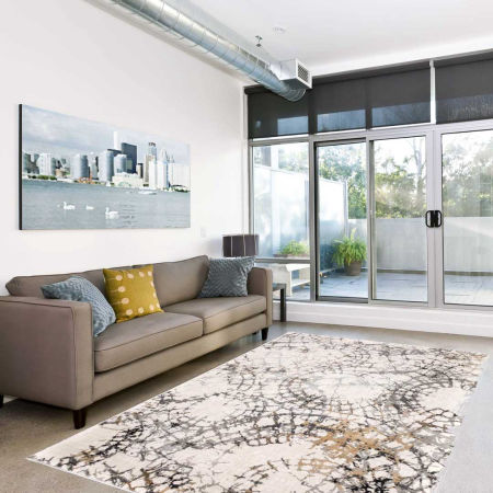 Postarzany beżowy dywan do salonu w brązowy obrys pajęczyny, przecierany Spiders Web