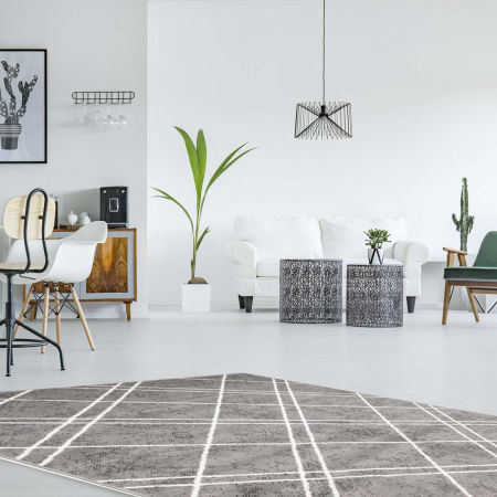 Szary dywan młodzieżowy w jasną kratę kwadraty Almas 39, nowoczesny styl