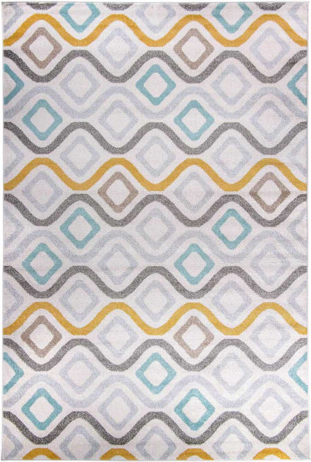 Skandynawski dywan w modny wzór szare, musztardowe i lekko niebieskie fale i romby na jasnym tle Crystals