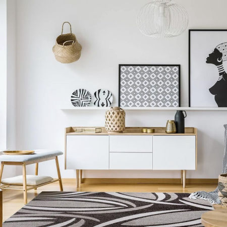 Ciekawy, brązowy dywan w szaro-beżowy wzór rozsypanych ziaren kawy Coffee Beans