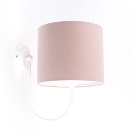 Pudrowo różowa, welurowa lampa ścienna w kształcie walca na białym ramieniu, kinkiet JASMINE BEBE