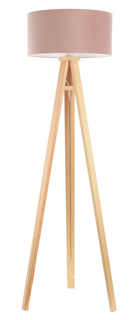 Welurowa lampa podłogowa z walcowym, pudrowo różowym abażurem na drewnianym trójnogu JASMINE BEBE