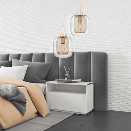 Modna loftowa lampa wisząca zwis BESSA ZŁOTA metalowa siateczka, przezroczyste szkło