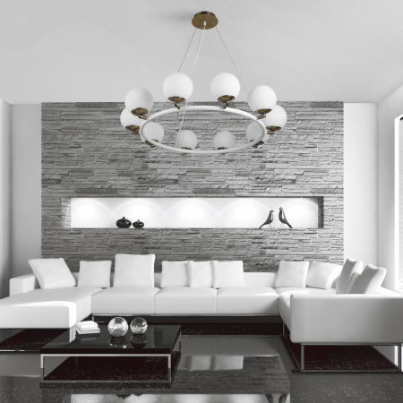 Elegancka, biało-mosiężna lampa wisząca MODICA W10, białe kuliste klosze ruchome