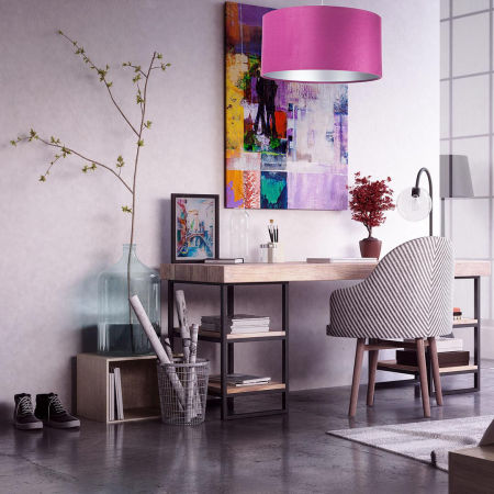 Purpurowa lampa wisząca z welurowym kloszem ze srebrnym wnętrzem w kształcie walca FUKSJA