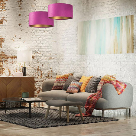 Purpurowa lampa wisząca, welurowa, z walcowym abażurem ze złotym wnętrzem FUKSJA