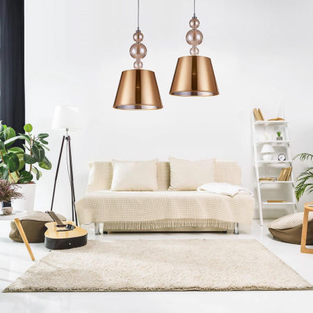 Złota lampa wisząca z materiałowym abażurem ze srebrnym wnętrzem w stylu glamour MURANEO