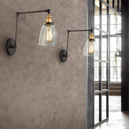 Loftowa lampa ścienna z przezroczystym kloszem ze szkła na czarnym, regulowanym ramieniu BARTON W2