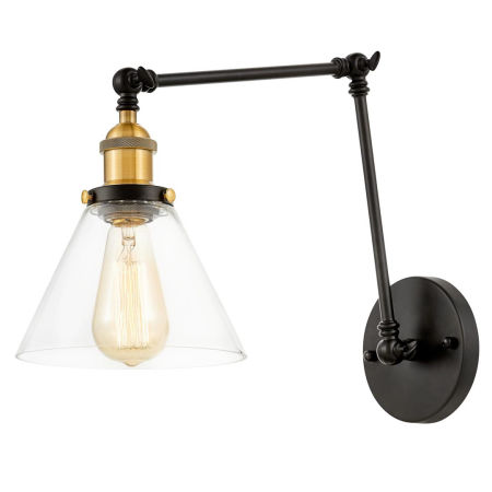 Czarny kinkiet ze szklanym, przezroczystym kloszem na regulowanym ramieniu z mosiężnymi akcentami HARTON W2