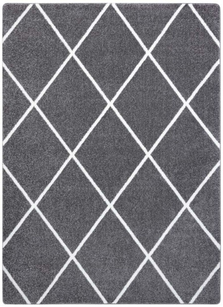 Elegancki, szary dywan w kratę, ciemnoszare romby, białą linię, skandynawski, do salonu, sypialni