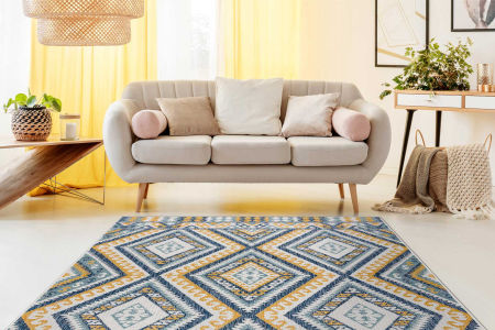 Dywan sznurkowy w kolorowe, granatowe, żółte romby, aztecki, etno, boho do salonu i na zewnątrz