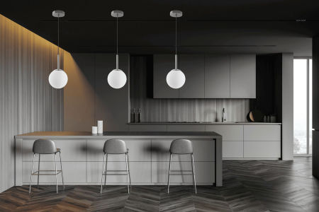 Chromowana lampa wisząca, biała, szklana kula, designerska FREDICA W1