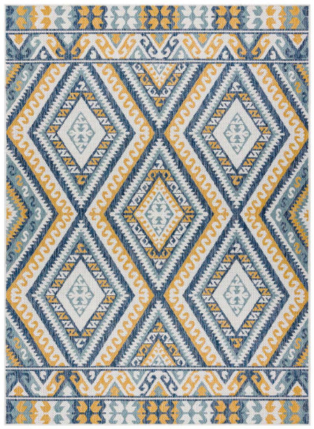 Dywan sznurkowy w kolorowe, granatowe, żółte romby, aztecki, etno, boho do salonu i na zewnątrz