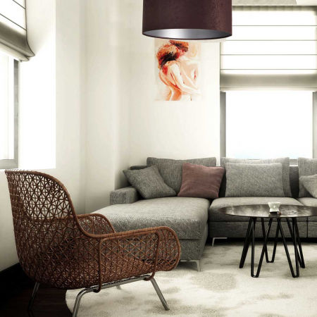 Brązowa lampa wisząca z welurowym abażurem ze srebrnym wnętrzem, walcowa DALIA