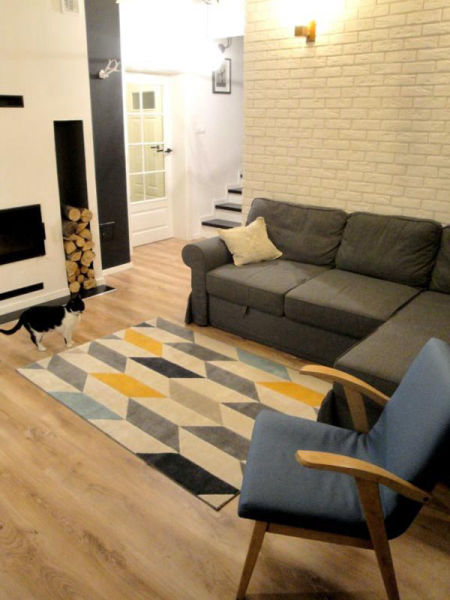 Młodzieżowy dywan w romby żółte, szare, niebieskie i kremowe, geometryczny nowoczesny wzór - JODEŁKA