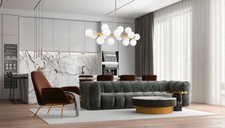 Nowoczesny żyrandol, wisząca złota lampa, szklane kule, białe klosze PETRICA