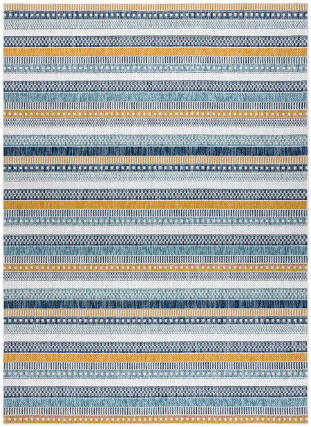 Żółto-niebieski dywan w pasy, sznurkowy, boho, etno, skandynawski