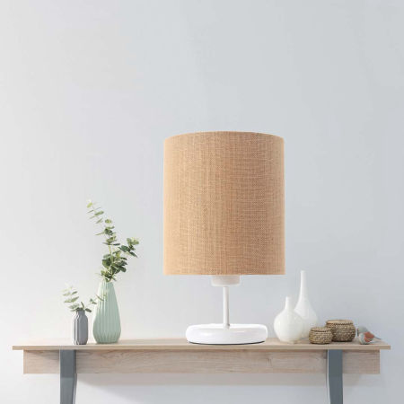 Beżowa lampka biurkowa z abażurem w kształcie walca z juty BOHO