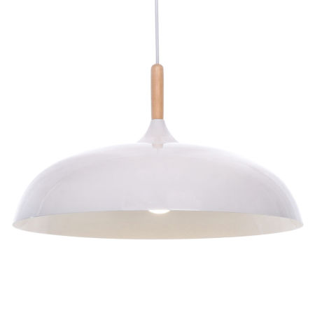 Biała lampa wisząca nowoczesna VERSI skandynawska, szeroki klosz, metal i drewno