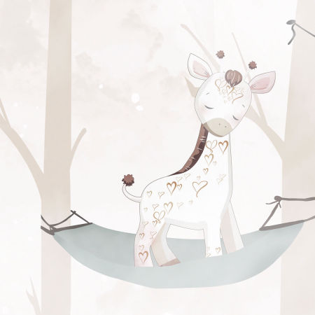 Pastelowa fototapeta dla dzieci LEŚNY SEN, zwierzątka w lesie na hamakach, żyrafa, słonik, miś, panda