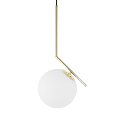 Złota lampa wisząca, biała szklana kula, designerskie ramię, klasyczne złoto - SORENTO