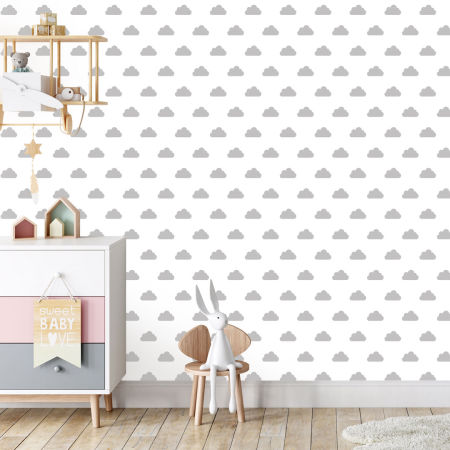Biała tapeta na ścianę w szare chmurki do pokoju dziecięcego