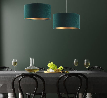 Zielono-złota lampa wisząca z walcowym abażurem z weluru OLIMPIA