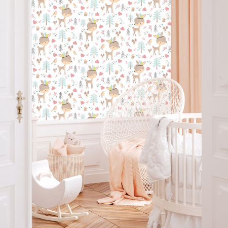Biała, dziecięca tapeta jelonek Aksel w zaczarowanym lesie