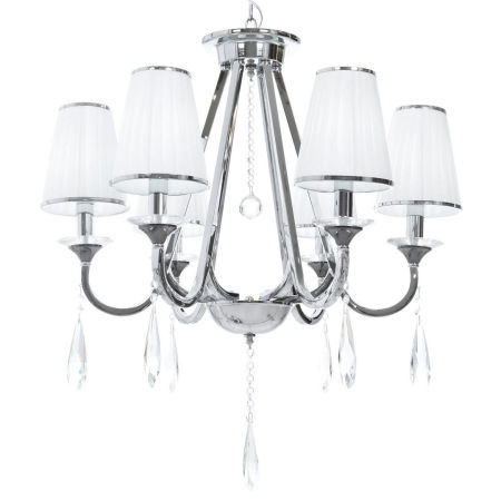 Kryształowy srebrny żyrandol MILESIA sześcioramienny na łańcuchu białe abażury