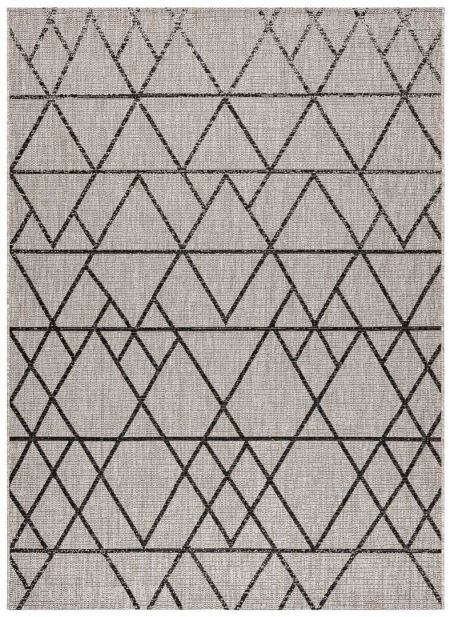 Szaro-beżowy dywan sznurkowy boho z czarnym wzorem geometrycznym trójkąty, romby, na taras i do domu - BOHANA