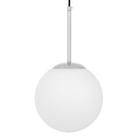 Chromowana lampa wisząca, biała, szklana kula, designerska FREDICA W1