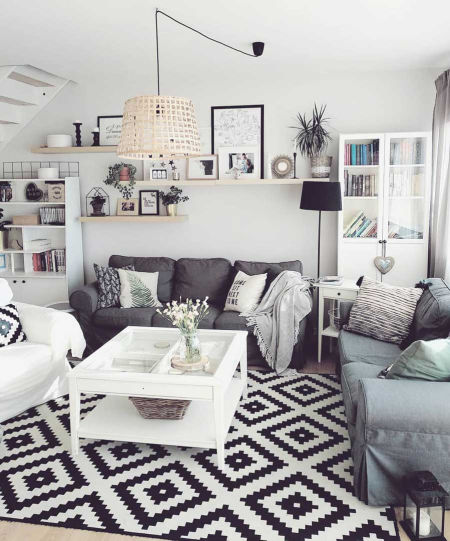 Nowoczesny geometryczny biały dywan w czarne romby kwadraty SKETCH