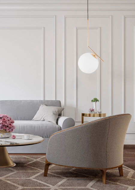 Złota nowoczesna lampa SORENTO ze szklanym białym kloszem na metalowym ramieniu