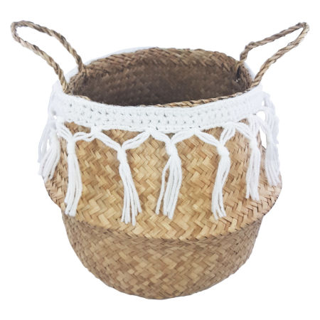 Kosz pleciony naturalny z trawy morskiej z białymi frędzlami boho