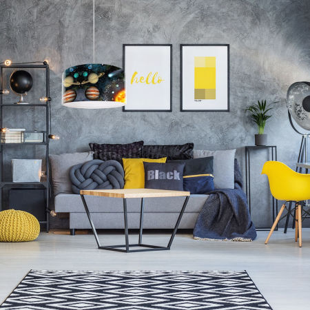 Czarna lampa wisząca z lateksowym abażurem z motywem kosmosu, walcowa KOSMOS