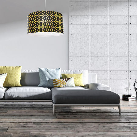 Czarna lampa wisząca z lateksowym abażurem w kształcie walca w złote ornamenty ZŁOTY ORNAMENT