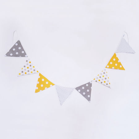 Materiałowa girlanda szaro-żółta w kropki, groszki, grochy