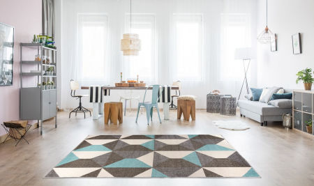 Geometryczny dywan w nowoczesny wzór biało-niebiesko-szare trójkąty i romby Marine Stones