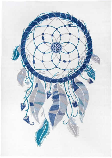 Nowoczesny dywan do sypialni, dla dzieci w indiański łapacz snów niebiesko-szary na jasnym tle Native Vibe