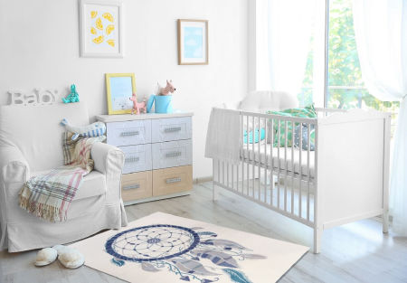 Nowoczesny dywan do sypialni, dla dzieci w indiański łapacz snów niebiesko-szary na jasnym tle Native Vibe