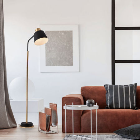 Czarno-mosiężna lampa podłogowa, stojąca ARDINI, designerska, glamour