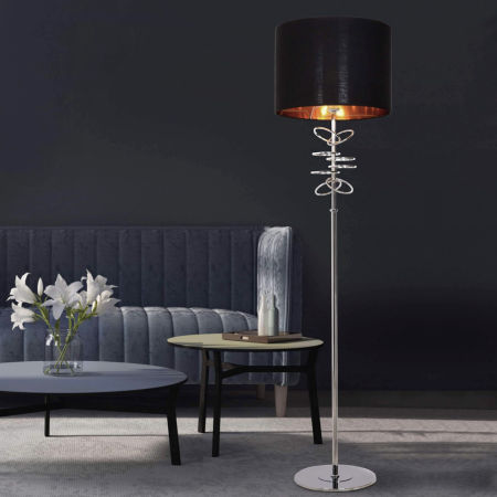 Chromowana lampa podłogowa MILARI z czarnym abażurem i obręczami