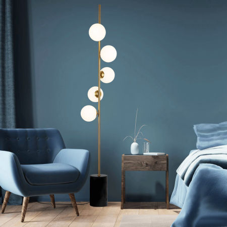 Wielopunktowa lampa podłogowa w kolorze mosiądzu FREDICA W5, granitowa podstawa, białe klosze