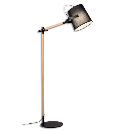 Skandynawska lampa stojąca, drewniana stylizacja, czarny abażur LAPIDUS