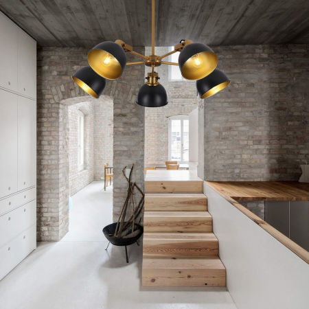 Loftowa lampa wisząca BELMONTI W5 czarno-złote metalowe klosze pięcioramienna